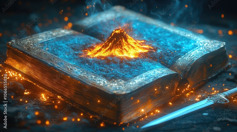 Poster an open ancient book with a volcano erupting from its pages, surrounded by smoke and fire, with a da