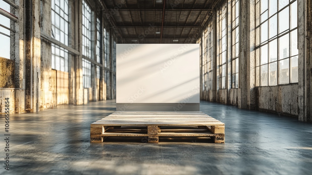 Poster a blank canvas on a pallet in an empty warehouse with large windows.