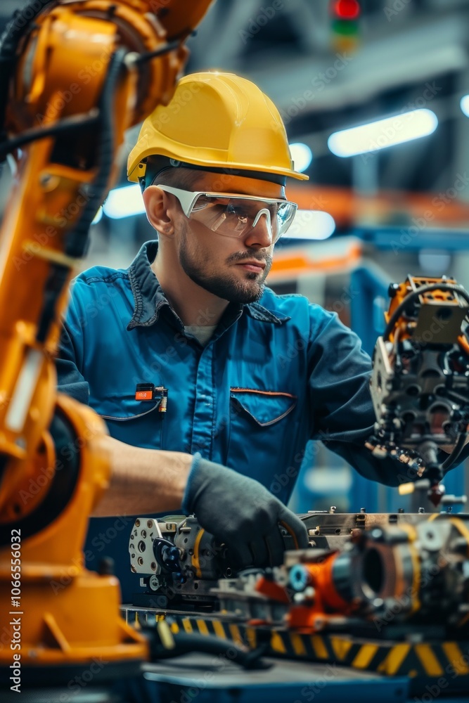 Poster engineer installing and testing an industrial robot