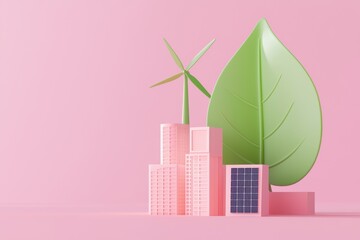 Eco-friendly cityscape, colorful buildings with rooftop solar panels, giant green leaf wind turbine, vibrant and playful sustainable energy concept, 3D illustration