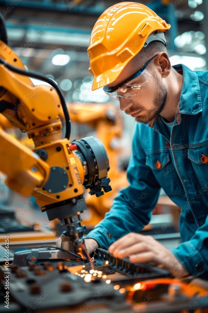 Poster engineer installing and testing an industrial robot