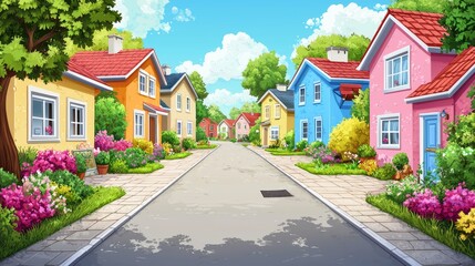 Naklejka premium Quaint Village Street with Colorful Cottages and Gardens