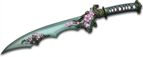 A beautifully crafted sword with intricate floral designs, showcasing elegance and artistry in its green blade and ornate handle.