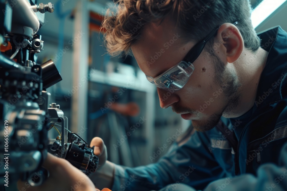 Poster engineer installing and testing an industrial robot