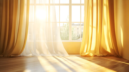 Sunlit interior with yellow curtains and warm wooden floor, creating cozy atmosphere