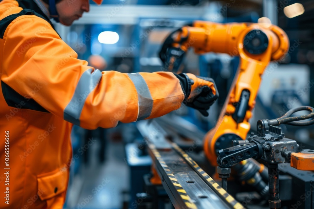 Poster engineer installing and testing an industrial robot