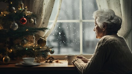 A sad elderly woman sits alone at an empty table on New Year's Eve. The concept of loneliness, emptiness, despair, alienation, abandonment in the New Year