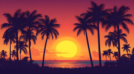 Tropical beach sunset with palm trees silhouetted against vibrant sky