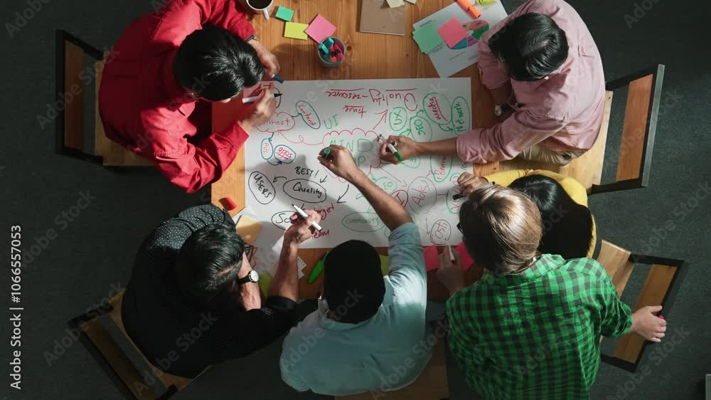 Poster top down view of business team working together by using mind map brainstorming idea and sharing mar