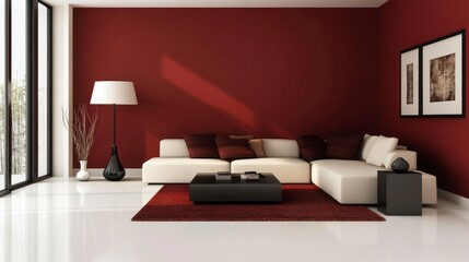 Modern Living Room with White Sectional Sofa, Red Wall, and Red Rug