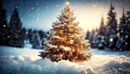 Christmas tree decorated with golden balls in snowdrifts, snowdrifts on nature and evening 