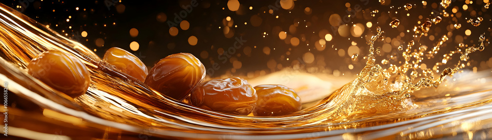 Poster golden dates splashing in a liquid wave with a bokeh background