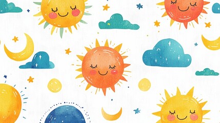 Playful Pastel Illustration of Sun and Clouds