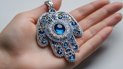 A hand holding a silver hamsa pendant with blue gemstones.