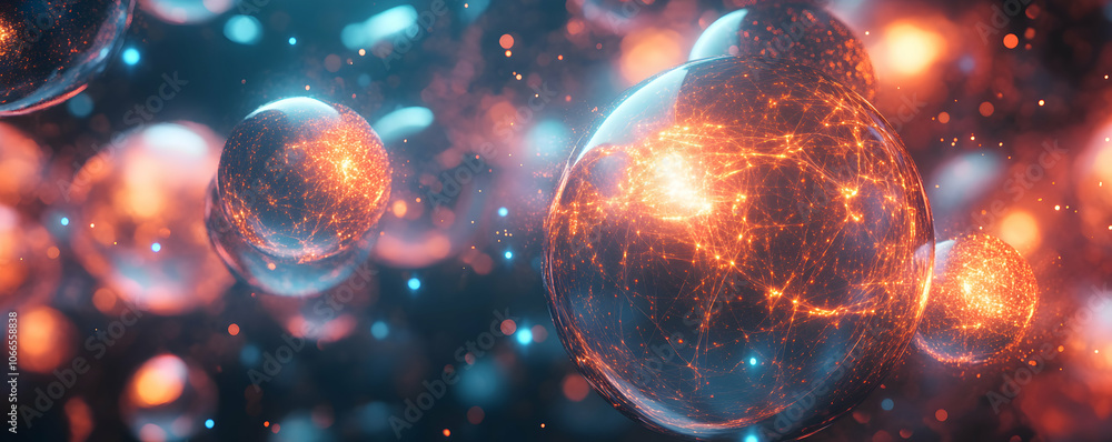 Aufkleber abstract 3d render of glowing spheres with intricate networked structures in blue and orange hues