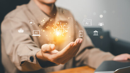 Businessman uses artificial intelligence technology to secure data.  Futuristic technology...