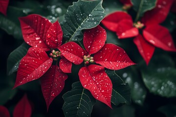 A poinsettia plant with red leaves and water droplets. Generative AI.