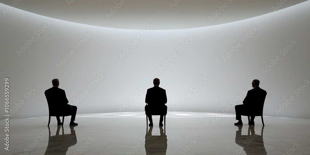 Poster three silhouetted figures sit on chairs in minimalist, curved room, creating contemplative and seren