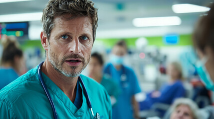 Fototapeta premium focused doctor in busy hospital setting, wearing scrubs and stethoscope, attends to patients with team of medical professionals in background