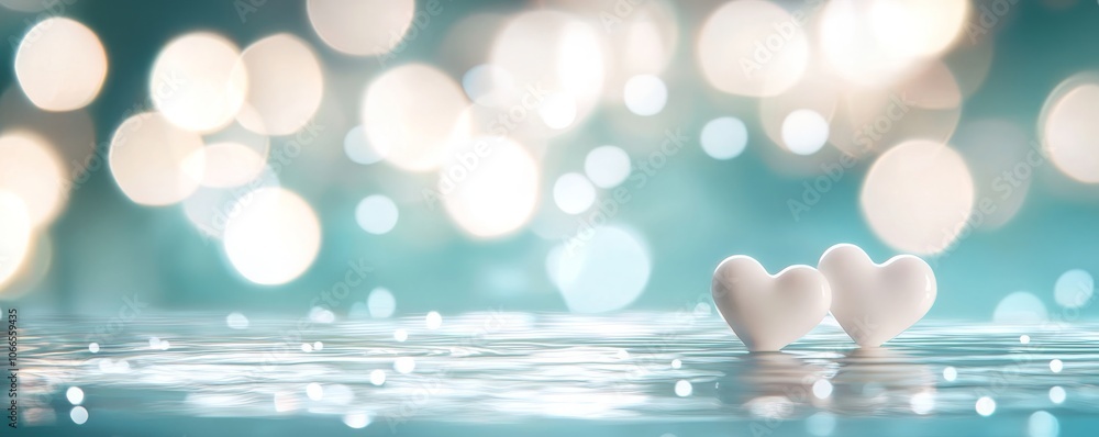 Poster a serene image of two heart shapes resting on a shimmering surface, surrounded by soft, blurred ligh