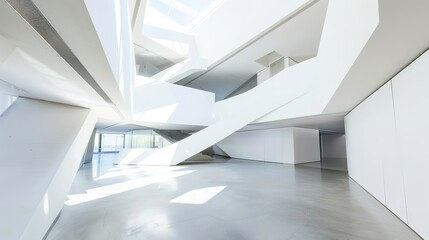 Fototapeta premium White Abstract Geometric Architecture - a captivating and modern indoor scene. The geometric shapes create an engaging and stylish atmosphere.
