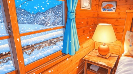 A snowy landscape seen through a window from a cozy wooden cabin.