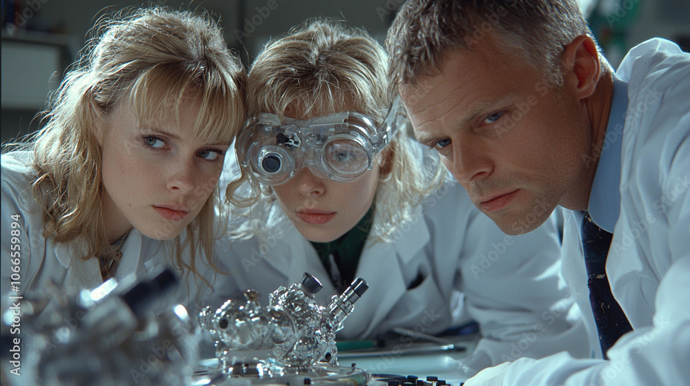 Poster Three scientists in lab coats collaborate intently over complex equipment, showcasing teamwork and focus