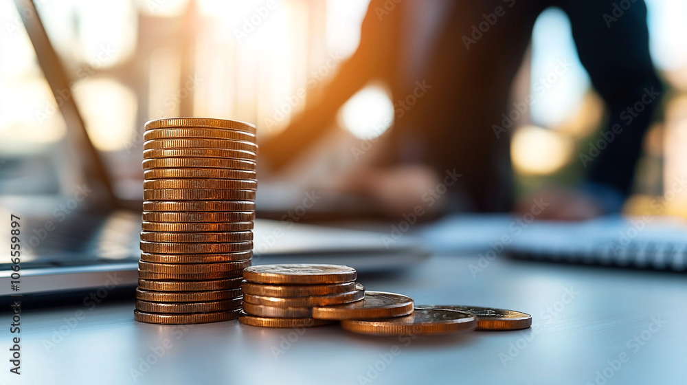 Poster stack of coins is prominently displayed on desk, with blurred background of person working on laptop