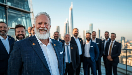 group of business professionals in suits stands confidently on rooftop with city skyline in background, showcasing teamwork and leadership