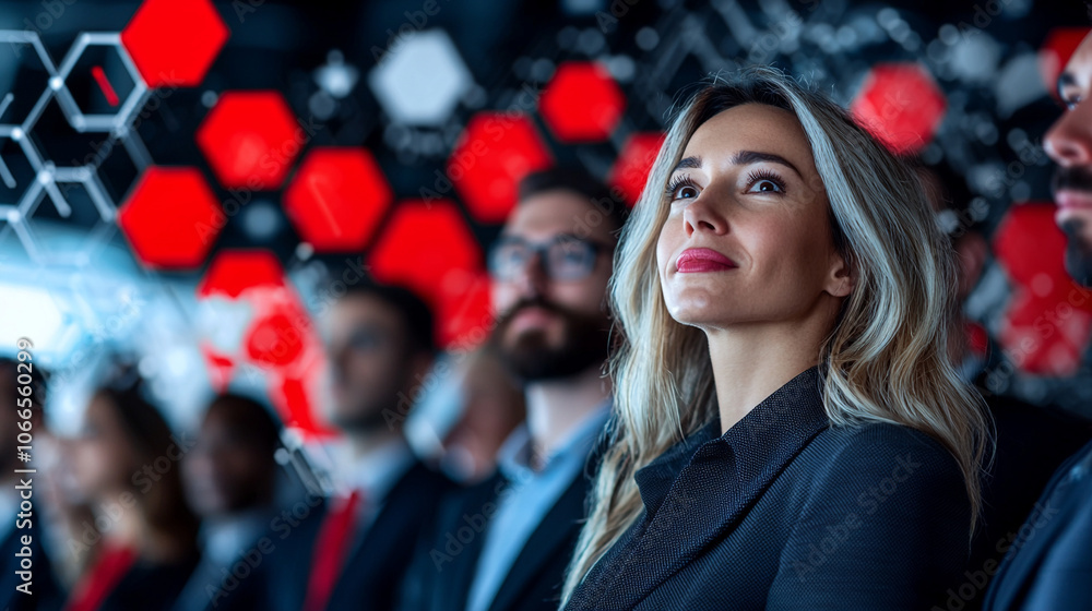 Poster confident businesswoman stands among colleagues, looking forward with determination against backdrop