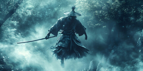 A Digital Illustration of a Samurai Warrior Floating Through a Foggy Forest With a Sword Drawn
