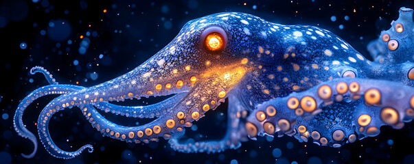 A Detailed 3D Render of a Blue Octopus with Glowing Tentacles and  Orange Eyes,  Floating Against a Black Background with  Sparkling  Blotches of Light