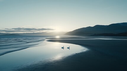 Fototapeta premium Two Swans in a Calm Inlet by a Mountainous Coastline