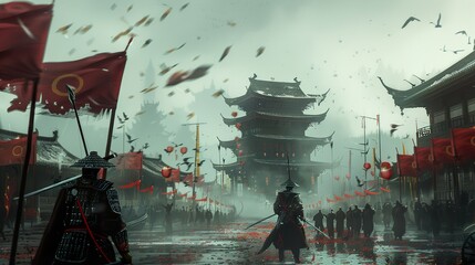 Obraz premium Samurai Warrior in Ancient Chinese City: A Historical Fantasy Art