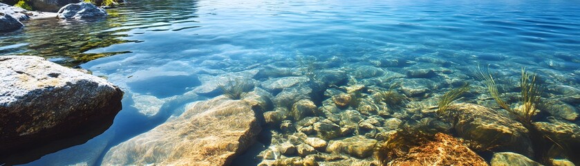 Fototapeta premium Crystal Clear Water Reveals Sunlit Rocks Beneath the Surface