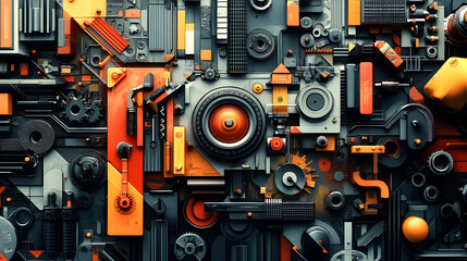 Fototapeta premium Abstract 3D Industrial Mechanical Design with Orange and Gray Geometric Shapes