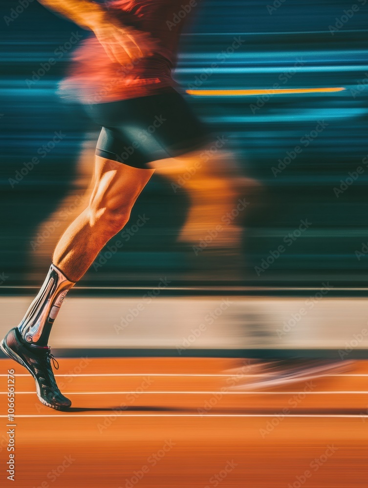 Poster an athlete is sprinting on a track, showcasing determination while using a prosthetic leg during a c