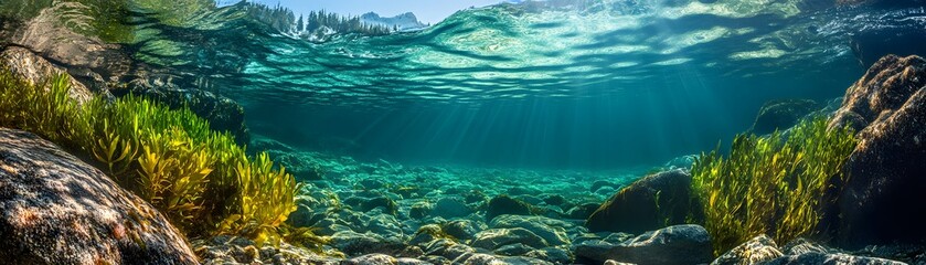 Underwater View of a Rocky Lakebed with Sunbeams and Aquatic Plants