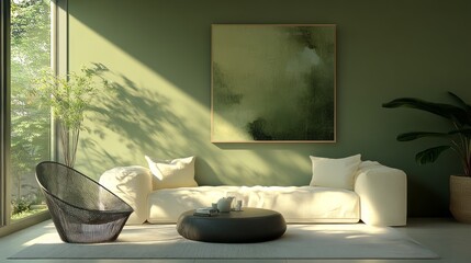 Minimalist Living Room with White Sofa, Green Wall, and Natural Light