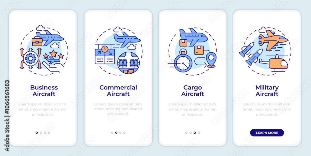 Poster aircraft categories onboarding mobile app screen. walkthrough 4 steps editable graphic instructions 