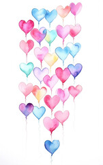 Watercolor garland of colored hearts and leaves. Valentines day