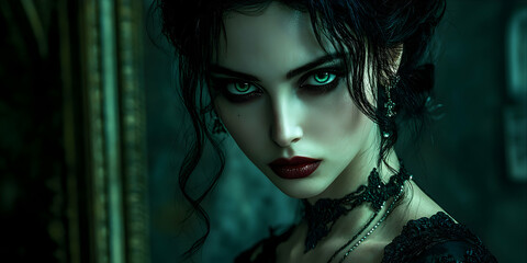 A Portrait of a Woman with Green Eyes and Red Lips Wearing a Black Lace Choker and a Dark Dress, Set Against a Dark Background