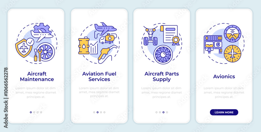 Poster aviation services onboarding mobile app screen. walkthrough 4 steps editable graphic instructions wi
