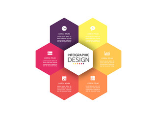 Business infographics. Pie chart, graph with 6 options and icons. Vector circular diagram.