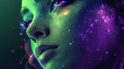 Digital illustration of female face made of dots. Green and purple shades