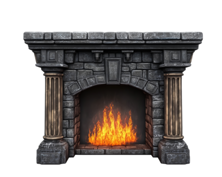 Ancient stone fireplace isolated on transparent background