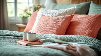 Fototapeta premium Two white coffee mugs on a bed with a book and a knitted blanket with green and orange bedding.