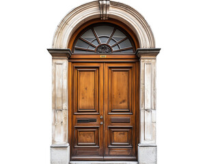 Antique arched wooden door on PNG transparent background
