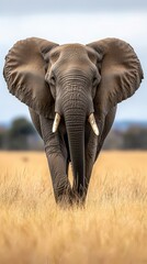 Fototapeta premium Elephant walking in a grassy field under a cloudy sky.