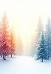 Serene watercolor abstract background featuring colorful trees against soft gradient sky, evoking peaceful winter atmosphere